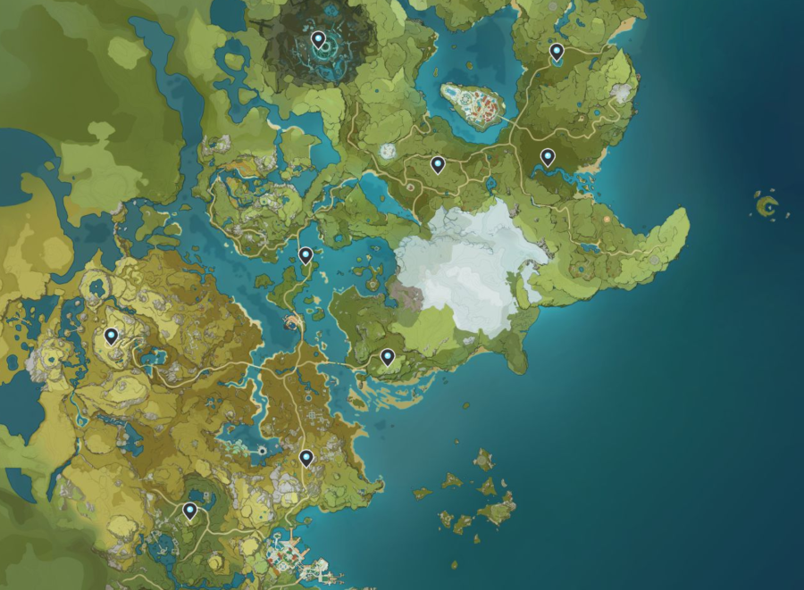 Una captura de pantalla del mapa en Genshin Impact, que muestra las imágenes de las Estatuas de los Siete.