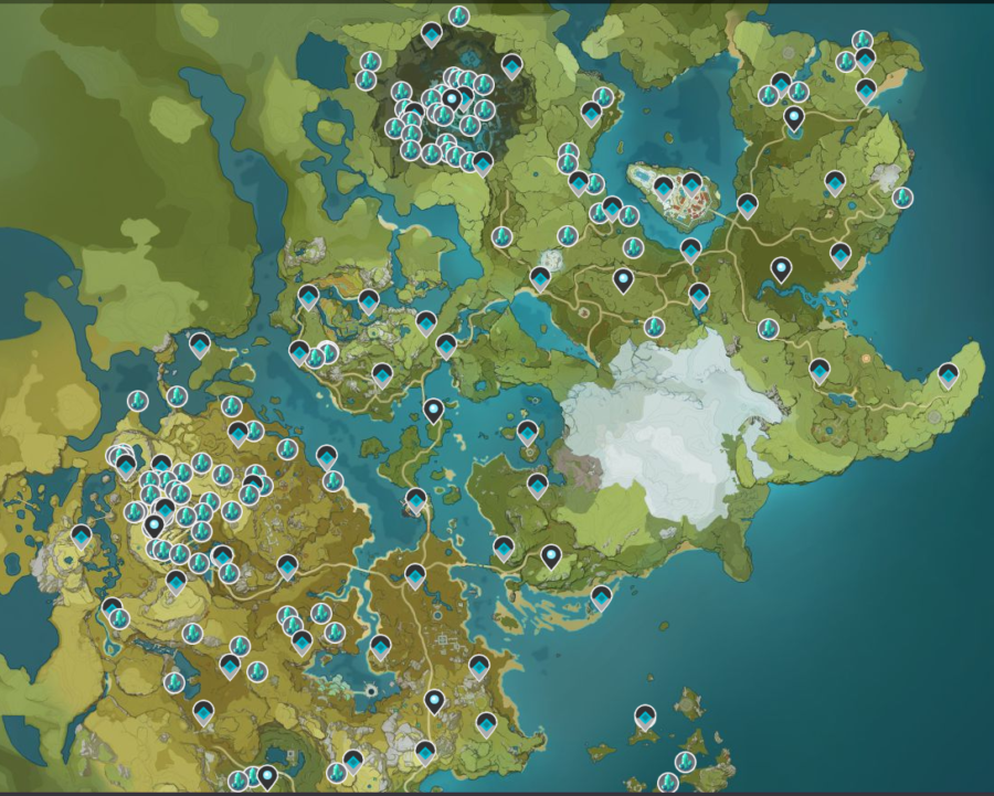 Una captura de pantalla del mapa de Genshin Impact que muestra las ubicaciones de Crystal Chunks