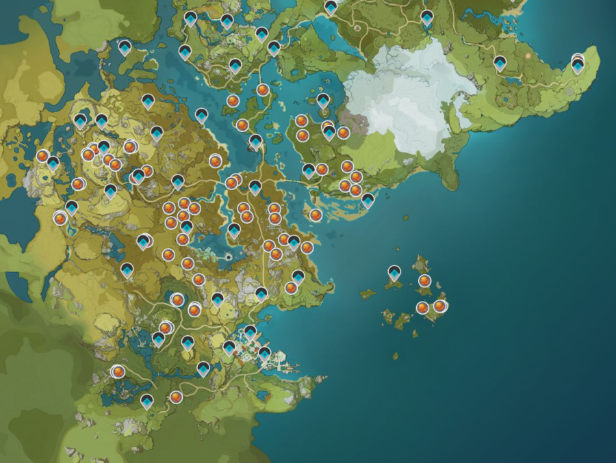 Una captura de pantalla del mapa de Genshin Impact que muestra las lociones de Flaming Flower Samen