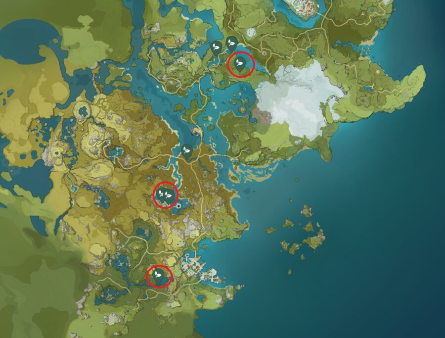 Una captura de pantalla del mapa en Genshin Impact que muestra las ubicaciones para encontrar Lotus Head