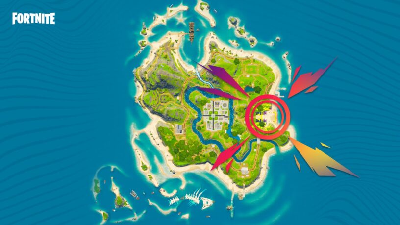 Mapa de Fortnite Party Royale con el escenario principal marcado