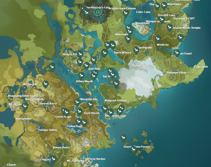 Una imagen del mapa de Genshin Impact que muestra la ubicación de Mist Flower Corolla