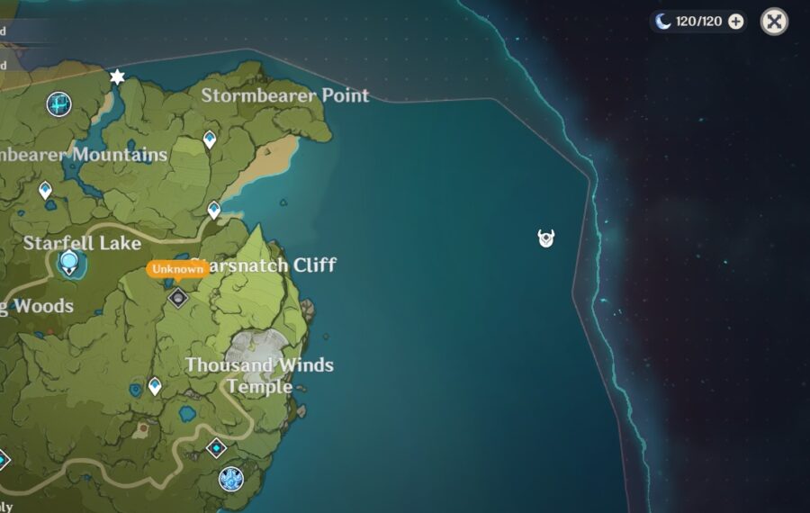 Una captura de pantalla del mapa de Genshin Impact que muestra la ubicación de un cofre oculto.
