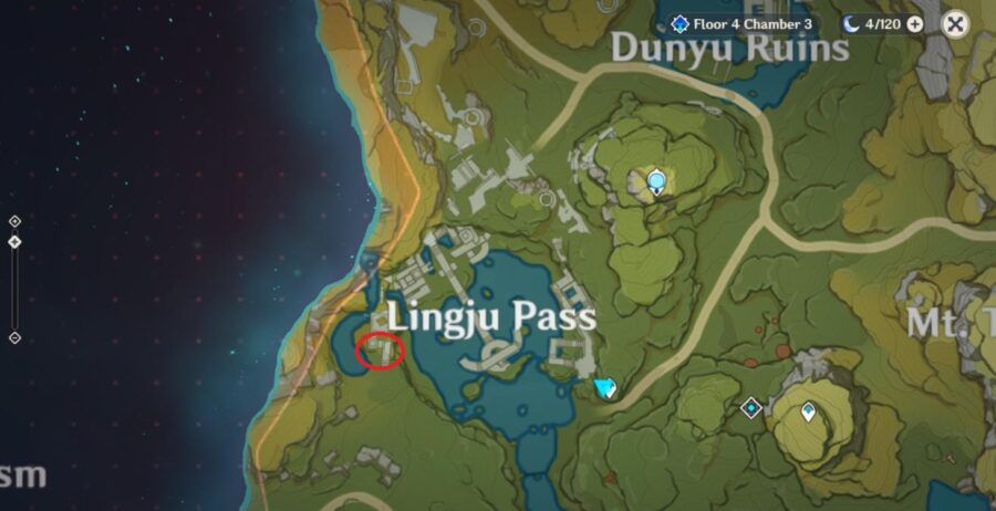 Una captura de pantalla del mapa de Genshin Impact que muestra la ubicación del bloque de piedra para la misión Y este tesoro va a la misión.