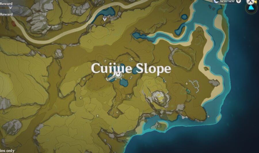 Una captura de pantalla del mapa de Genshin Impact que muestra la ubicación de una misión para obtener un artefacto de 5 estrellas.