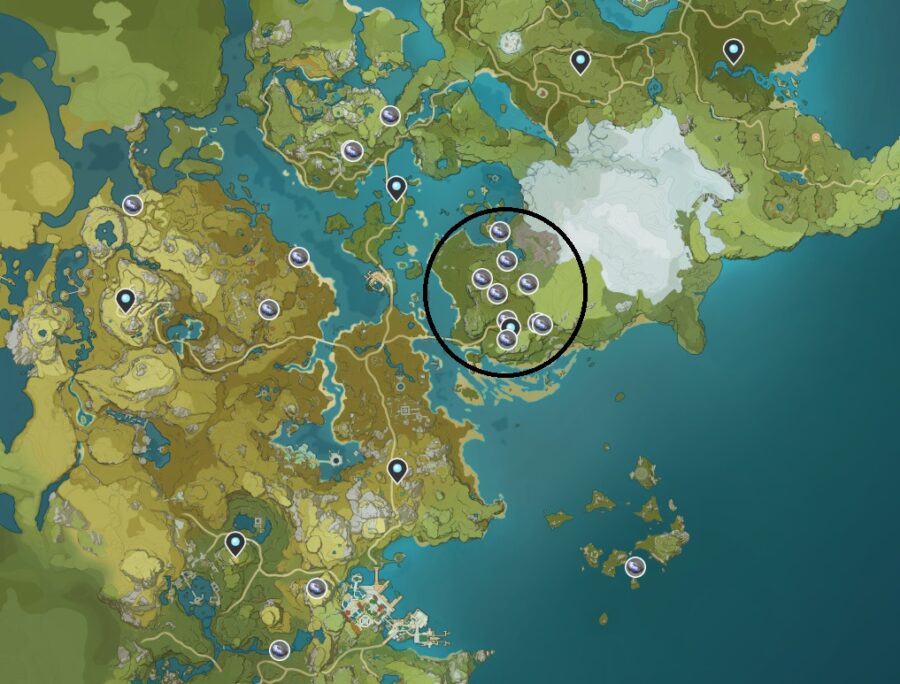 Una captura de pantalla de dónde encontrar Noctilucous Jade en Genshin Impact.
