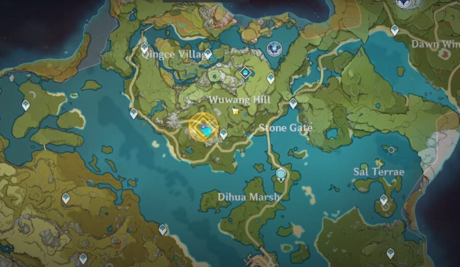 Una captura de pantalla que muestra el área amarilla donde se encuentra Little Liu en Genshin Impact
