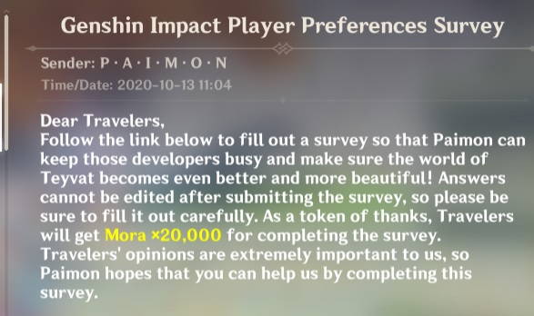 Una captura de pantalla del correo electrónico que miHoYo ha enviado a los usuarios del juego en Genshin Impact.