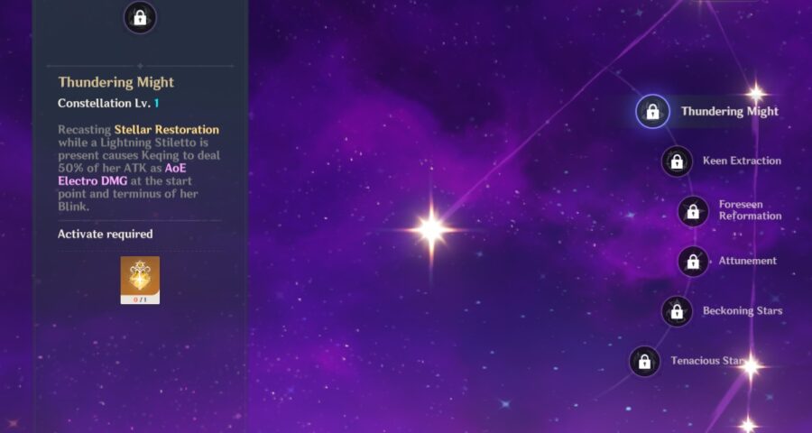 Una captura de pantalla de la constelación de Keqing en Genshin Impact