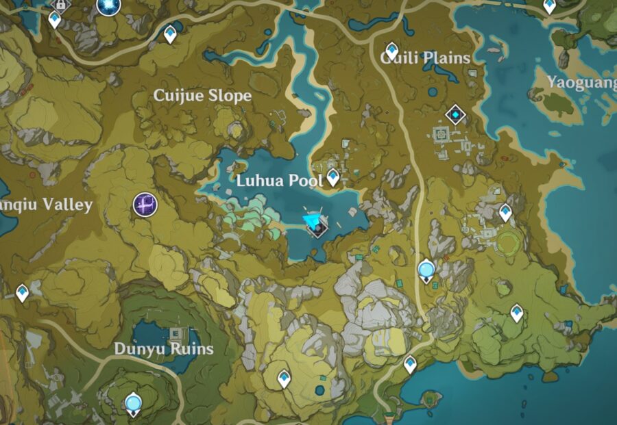 Una captura de pantalla que muestra la ubicación de la piscina Luhua en Genshin Impact.